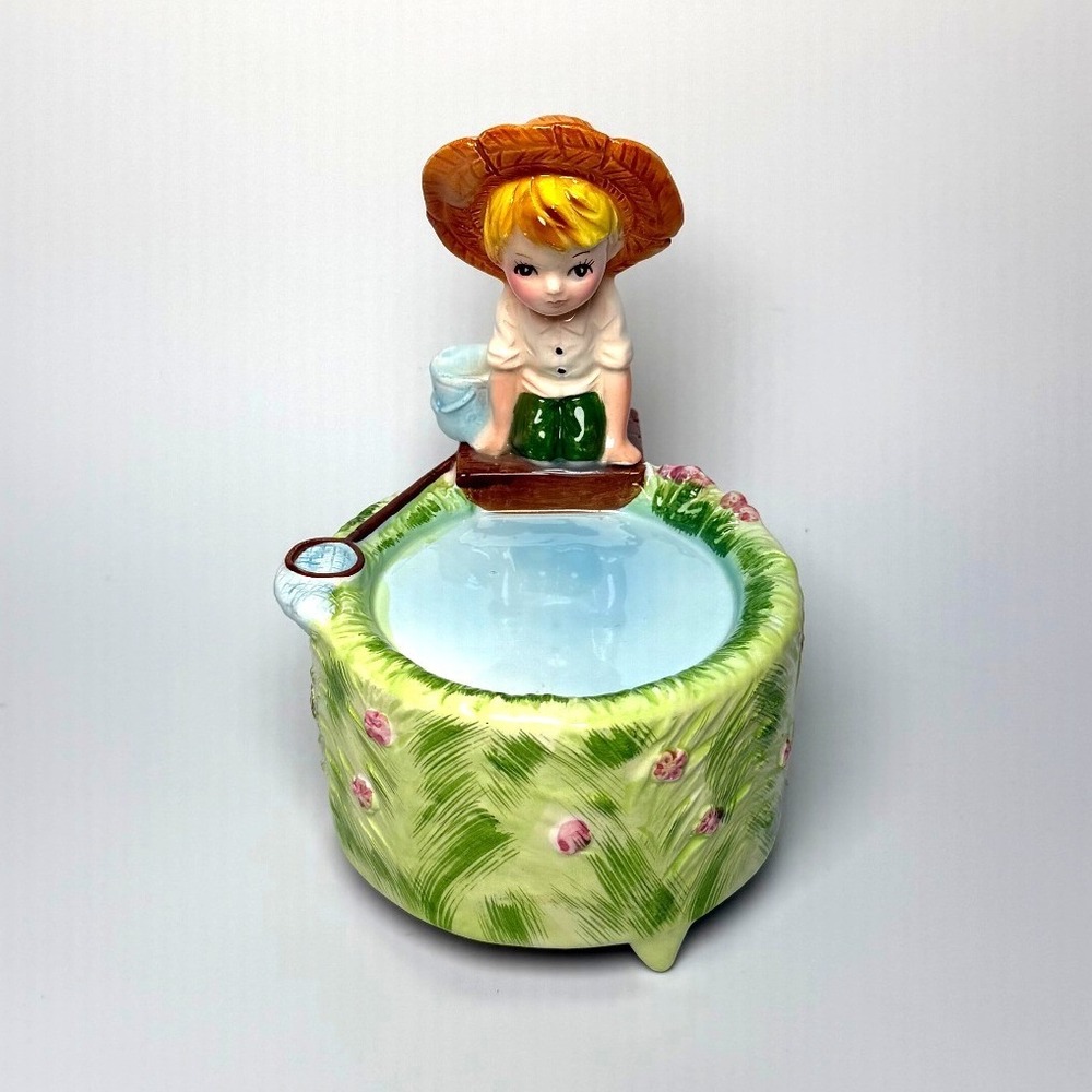 Vintage Ceramic Boy Fishing Music Box Oh What A Beautiful Morning